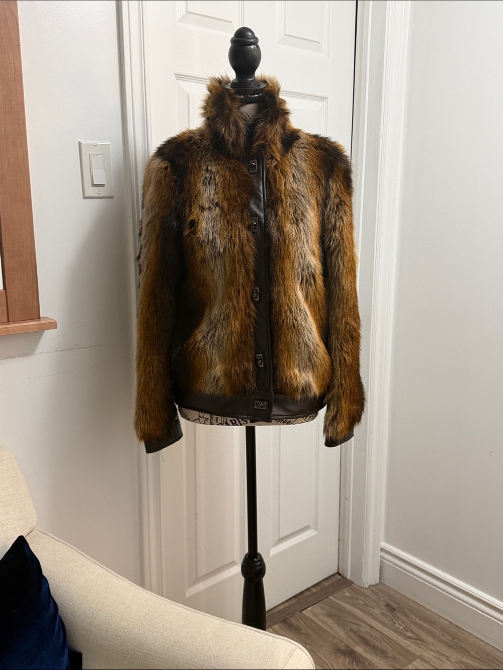 Fabulous Furs Brown and multi coloured Faux Fur Jacket with Dark Leather Trim